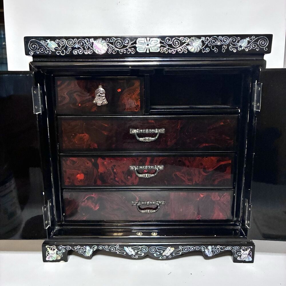 Vintage Chinese Mother of Pearl Inlay Jewelry Cabinet Lacquer Crane Box - Picture 6 of 16